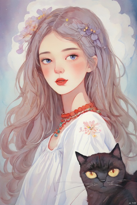 oil painting of a woman with a (Angora\(cat\)), lying, detailed painting inspired by Charlie Bowater, blooming exquisite necklace, 4 k detailed fantasy, white silver painting, her face is a lilac flower, dreamland, watercolor, CGArt Illustrator