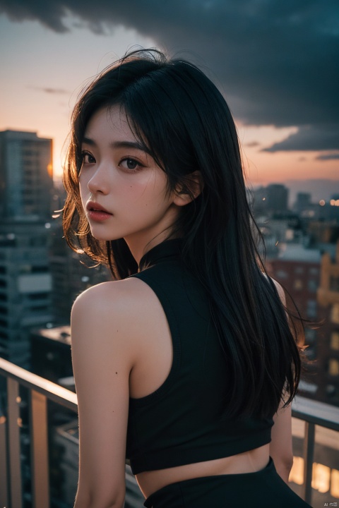 NSFW,Frontal photography,Look front,evening,dark clouds,the setting sun,On the city rooftop,A 20 year old female,Black top,Black Leggings,black hair,long hair, dark theme, muted tones, pastel colors, high contrast, (natural skin texture, A dim light, high clarity) ((sky background))((Facial highlights)),,
