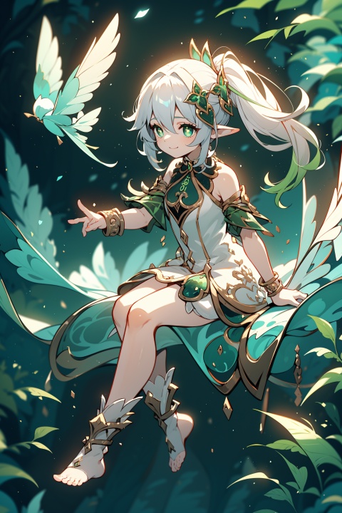 （masterpiece, best quality, best shadow,official art, unity 8k wallpaper, correct body proportions）,
(1 girl),nahida \(genshin impact\),((white hair,multicolored hair)), side ponytail,hair ornament,green eyes,symbol-shaped pupils,pointy ears, jewelry, detached sleeves,bracelet, ,(white dress), 
 ((full body)),(bare legs , bare_feet) ,
beautiful detailed eyes, eyelid pull , aqua eyes, 
((Forest background)),(Smile at the perspective),(((Best hand details, best foot details))), 
nijistyle,Metal_wing,1 girl