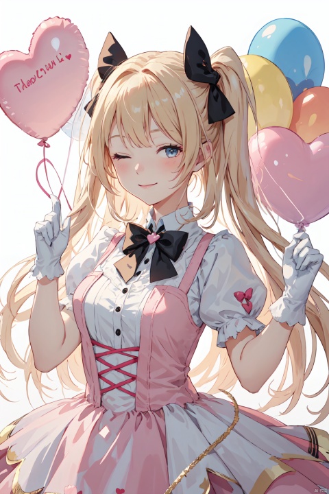  1girl, solo, long hair, looking at viewer, blush, smile, bangs, blonde hair, gloves, white background, dress, bow, holding, very long hair, closed mouth, short sleeves, hair bow, heart, one eye closed, puffy sleeves, white gloves, two side up, puffy short sleeves, hands up, black bow, pink bow, pink dress, ;\), balloon, holding balloon, heart balloon, masterpiece