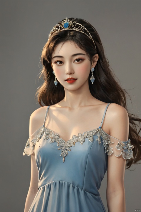 1girl,solo,long hair,earrings,jewelry,dress,grey background,black hair,tiara,realistic,simple background,blue dress,lips,looking at viewer,see-through,upper body,brown hair,bare shoulders,brown eyes,white dress,collarbone, ROC Charm
