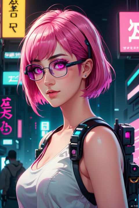  anime artwork lucy \(cyberpunk\), anime artwork of a girl\(cyberpunk, mecha, Sci-fi, sci-fi glasses\), full body, Pink parted short hair, pink eyes, imperious, cyberpunk, white background, dramatic, key visual, vibrant, highly detailed,