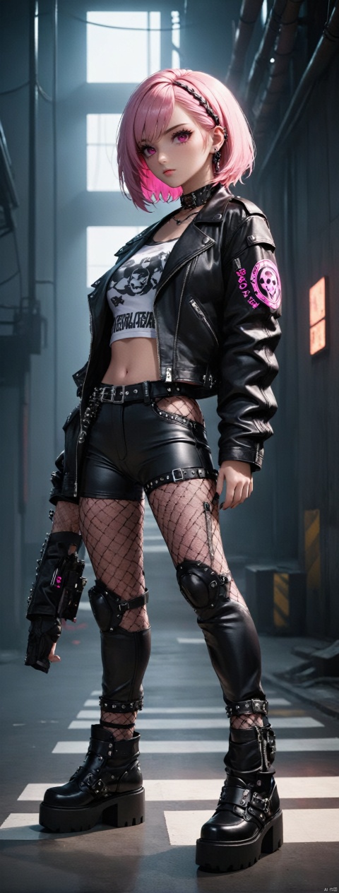  photographic of a girl\(cyberpunk, mecha\) with motorcycle\(ZOTAC Futuristic Motorcycle\), short pink parted hair, pink eyes, clear facial contour, upper body, punk style, leather jackets, plaid pants, band t-shirts, studded accessories, fishnet stockings, platform shoes. Beautiful dynamic dramatic dark moody lighting, volumetric, shadows, BREAK, 35mm photograph, grainy, professional, 8k, highly
