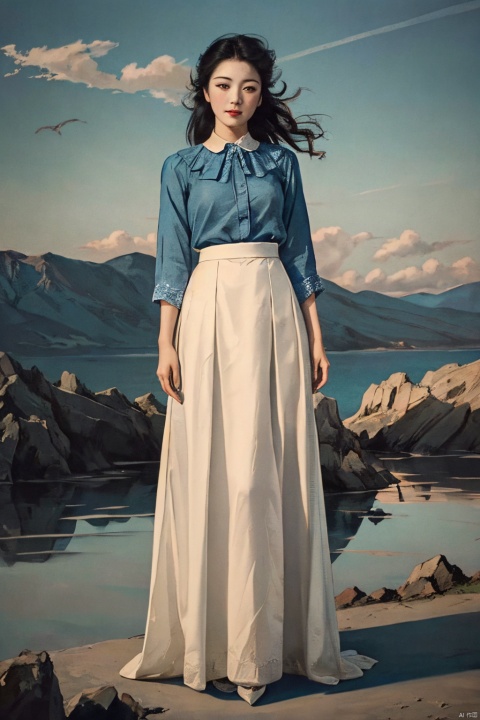  masterpiece,(best quality:1.3),ultra high res,raw photo,detailed skin,beautiful lighting,(realistic, photo-realistic:1.4),1girl,,school_woman,full body ,(The background of blue sky and white clouds:1.3),Long Skirt