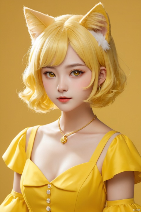  Yellow cat ears (furry), yellow cat personification, the highest quality, masterpiece, a girl, short yellow hair, slightly curly hair, yellow ear ring, collar, (yellow and white dress), (exquisite hair depiction), (exquisite yellow eyes depiction), (exquisite facial features depiction), solo, portrait depiction, solid color background, sense of fragmentation, flat_chest., jijianchahua