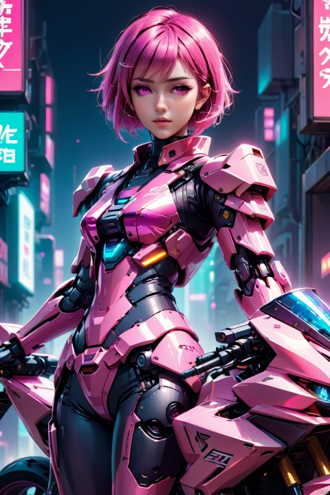  anime artwork of a girl\(cyberpunk, mecha\) with motorcycle\(Motorrad VISION NEXT 100\), full body, Pink parted short hair, pink eyes, imperious, cyberpunk, dramatic, key visual, vibrant, highly detailed, holographic,look back