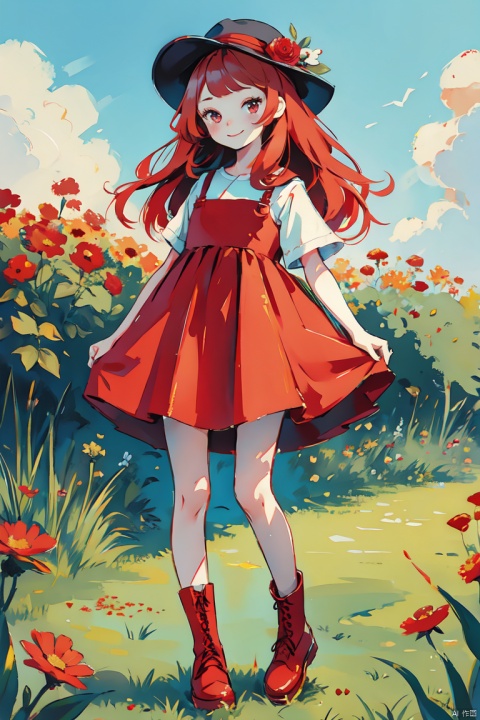  masterpiece,best quality,8K,official art,ultra high res,illustration,chibi,1girl,solo,long hair,looking at viewer,smile,red eyes,hat,dress,full body,flower,short sleeves,pantyhose,red hair,grass,red footwear,freckles,skull,
