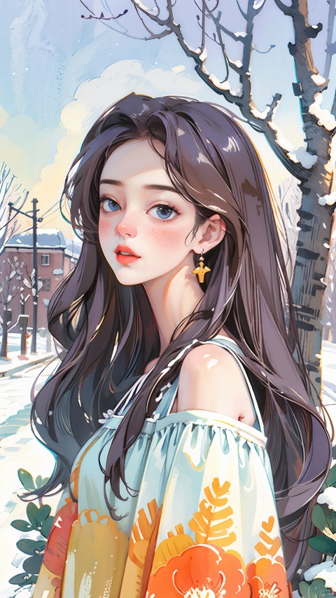  8K, best qualtiy, masterpiece, photograph realistic, Hide your face with happiness, purple Lolita costume, Lace, Aerith Gainsborough, whole body, undergarments, exposed bare shoulders, do lado de fora, outside, Covered with snow, cloaks, high high quality, Adobe Lightroom, highdetailskin, looking at viewert, CGArt Illustrator