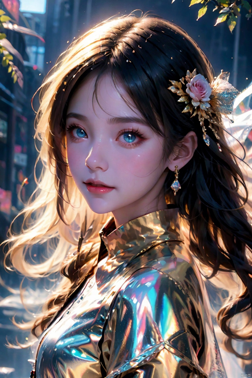  wlop, masterpiece, best quality, solo, 1girl,smile, ((golden hair)), aqua eyes, looking at viewer, closed mouth, circular jewelry earrings, shirt, (iridescence), (newspaper background), metallic_lustre, transparent_plastic, rose girl, Light master