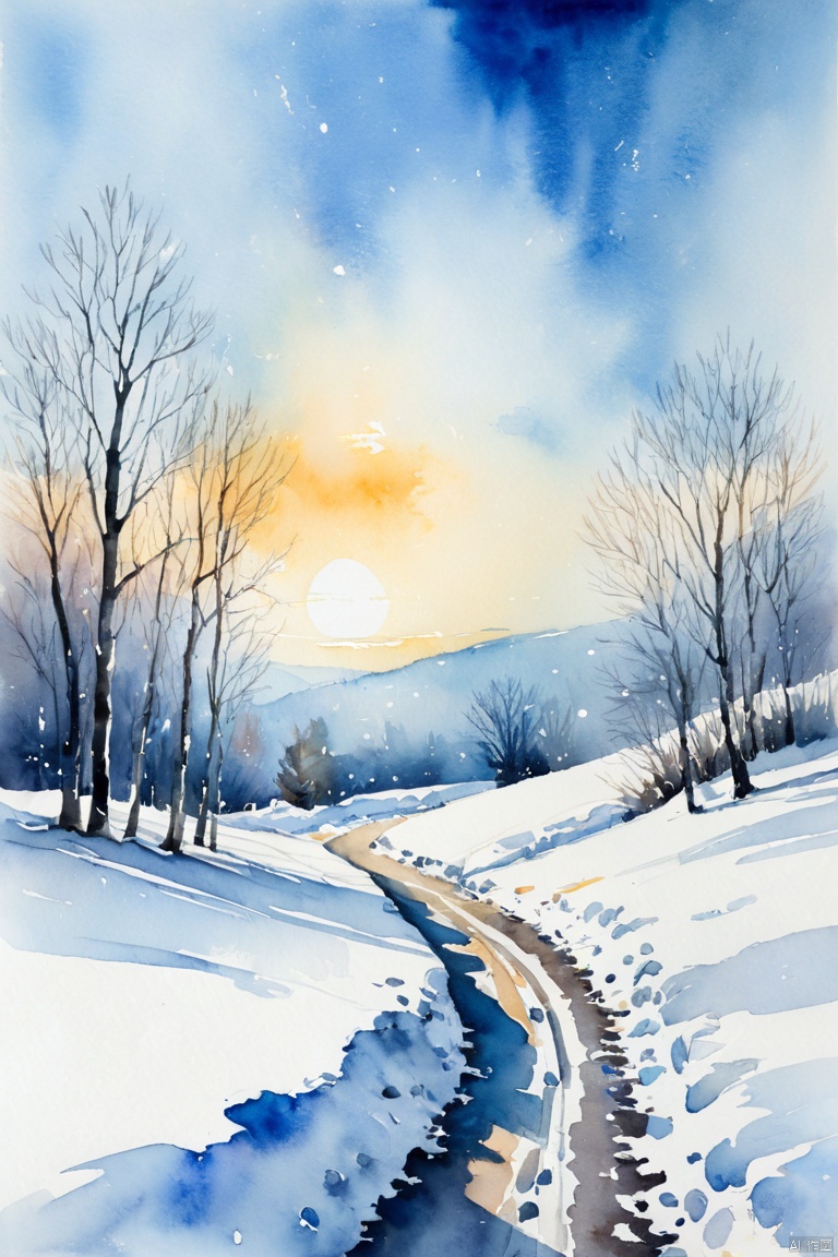 last snow, exhale white breath, goodbye for a while, watercolor painting illustration, traditional media, impressionism, rating:safe 4k, best quality, masterpiece