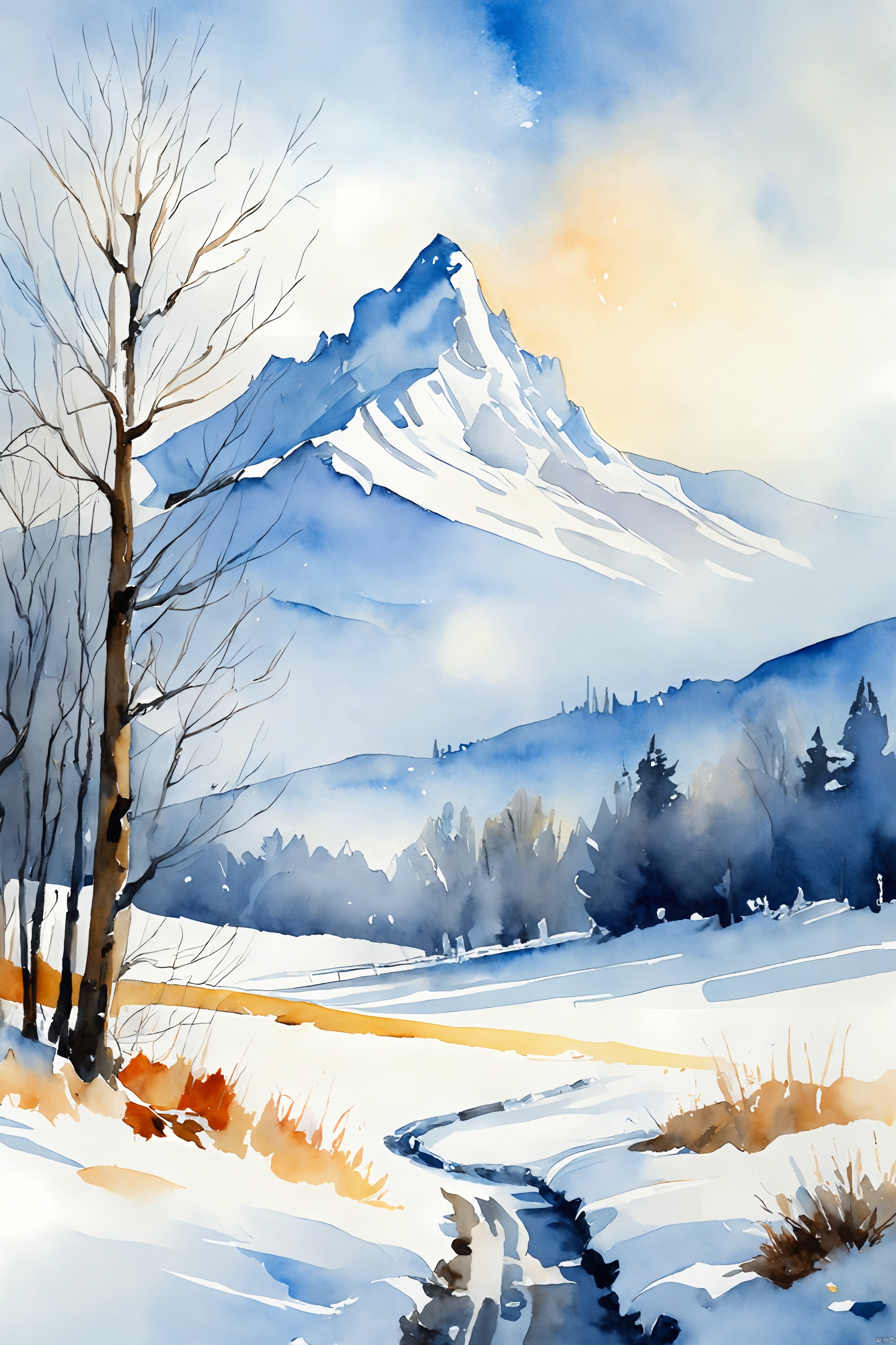  last snow, exhale white breath, goodbye for a while, watercolor painting illustration, traditional media, impressionism, rating:safe 4k, best quality, masterpiece