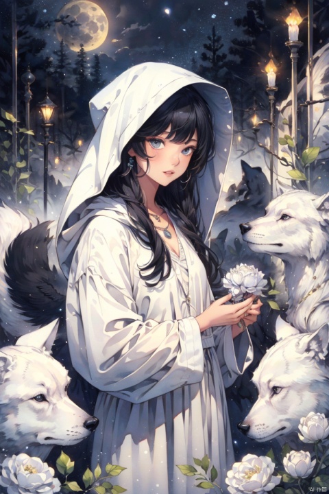  Masterpiece, illustration, 8K wallpaper, super detailed, upper body, 1 girl, white field, holding a flower (surrounded by 3 wolves: 1.2), animal, skull, flower, solo, gray eyes, looking at the audience, white hair, white flowers, white grass, parted lips, dress, jewelry, moon, ring, long hair, bangs, long sleeves, necklace, new moon, glowing, white hooded robe, standing, hair accessories, planet, The hair between the eyes,

, CGArt Illustrator, watercolor