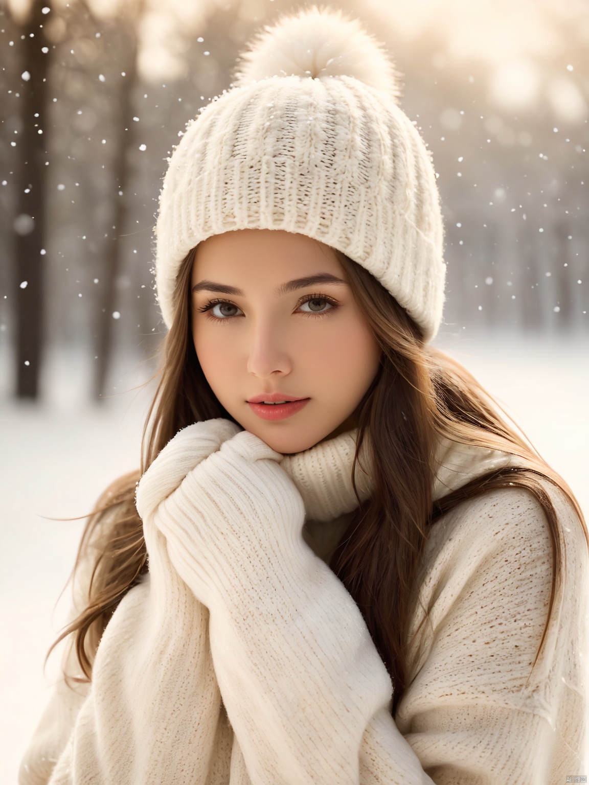  masterpiece, photorealistic of a girl, (helf-length portrait:1.5), long hair, sweater, sweater hat, supporting head on hands, (cute face, temptations look), snowing background, (sepia photography), (professional photo, balanced photo, balanced exposure),extremely beautiful detailed face, best shadow, medium breasts, white shirt, Face Score