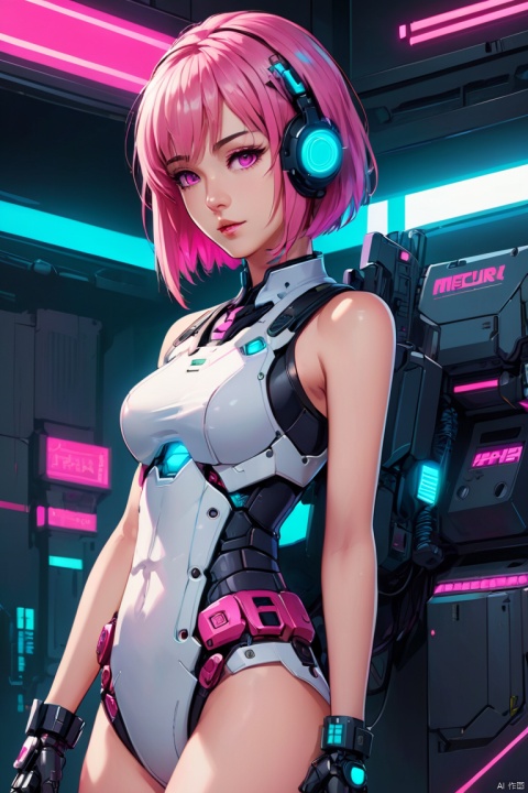  anime artwork lucy \(cyberpunk\), anime artwork of a girl\(cyberpunk, mecha\), full body, Pink parted short hair, pink eyes, imperious, cyberpunk, white background, dramatic, key visual, vibrant, highly detailed,