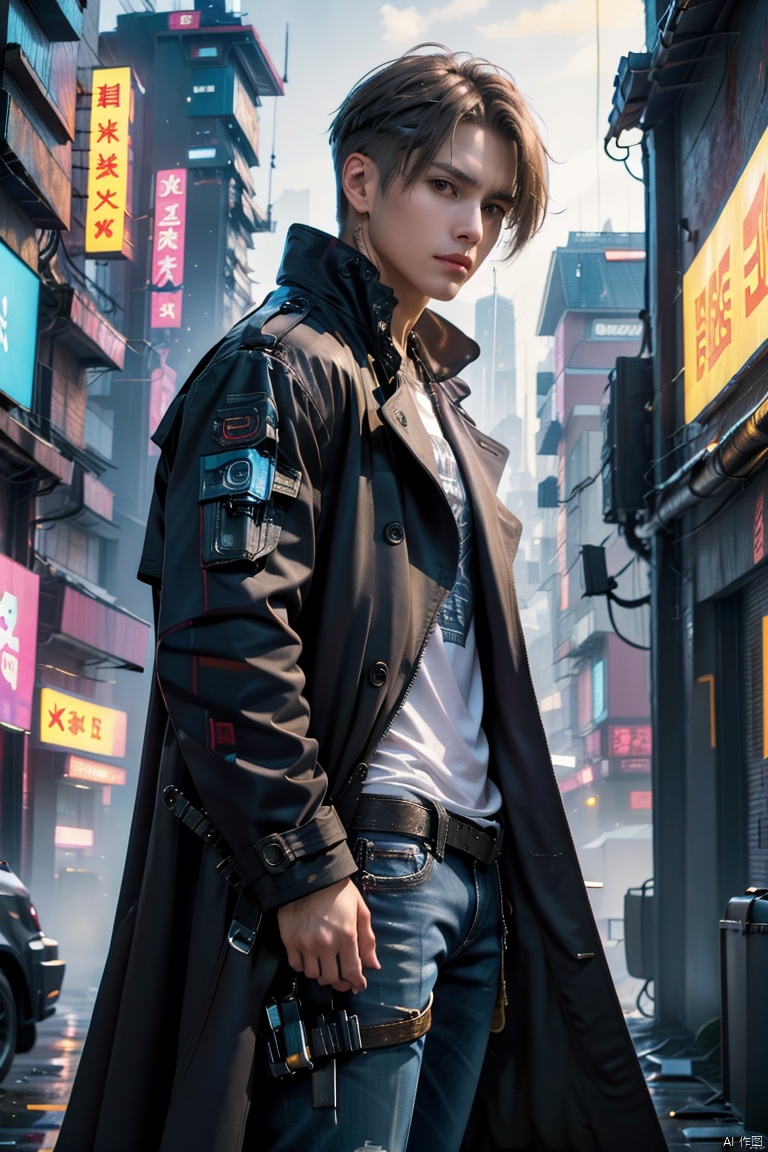  (best quality), ((masterpiece)), (highres), illustration, original, extremely detailed, male focus, 1boy\(cyberpunk, 18 years old\), muscular male, whirte t-shirt, black trench coat, jeans, boots, warming, short silver hair, necklacer, building, cityscape, clothing cutout, (cropped jacket), cyberpunk, from side, dramatic, key visual, vibrant, highly detailed, Zotac aso