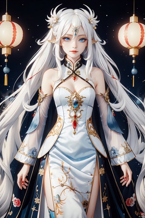  A demon with (long white hair:1.5), (blue eyes:1.5) resembling blue gemstones, and a fringed haircut. This demon exudes an outgoing and sunny personality. She is dressed in a peculiar, mechanical construct cheongsam gown, predominantly made of gossamer material, with accents that evoke the ambiance of fire element. The cheongsam gown itself is in vibrant Chinese red. Completing her ensemble, she wears a pair of high-heeled shoes.
