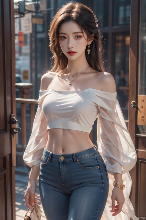  sdmai,lanmeng,1girl,solo,jewelry,realistic,long hair,necklace,Tight fitting jeans,bracelet,black hair,white shirt,off-shoulder shirt,shirt,ring,midriff,earrings,looking at viewer,parted lips,off shoulder,bare shoulders,navel,standing, Light master, Gauze Skirt