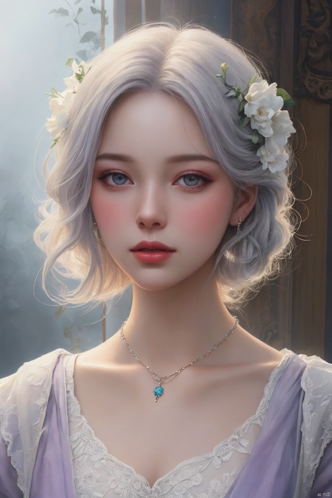  oil painting,detailed painting inspired by Charlie Bowater, white silver painting, 1girl, blooming exquisite necklace, her face is a lilac flower, watercolor, Sky Fantasy