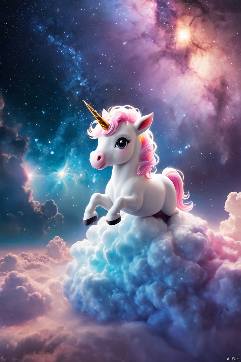  Spirit animal, score_9, score_8_up, score_7_up, score_6_up, score_5_up, score_4_up, sparkling kawaii little baby unicorn sitting on a cloud of nebula dust, light shines through, magical artifact, very detailed, amazing quality, intricate, cinematic light, highly detail, beautiful, surreal, dramatic, galaxy