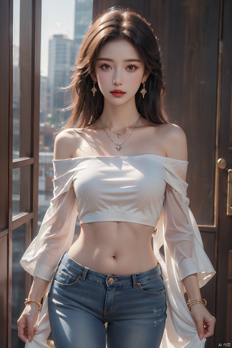  sdmai,lanmeng,1girl,solo,jewelry,realistic,long hair,necklace,Tight fitting jeans,bracelet,black hair,white shirt,off-shoulder shirt,shirt,ring,midriff,earrings,looking at viewer,parted lips,off shoulder,bare shoulders,navel,standing, Light master, Gauze Skirt