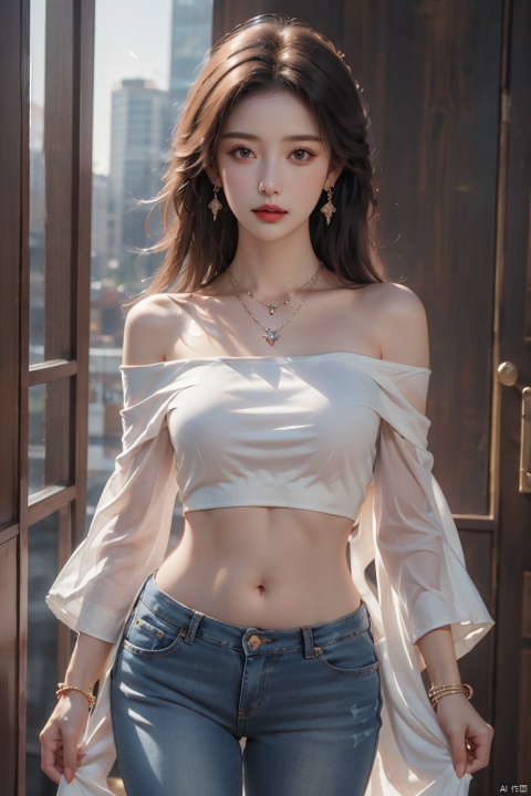  sdmai,lanmeng,1girl,solo,jewelry,realistic,long hair,necklace,Tight fitting jeans,bracelet,black hair,white shirt,off-shoulder shirt,shirt,ring,midriff,earrings,looking at viewer,parted lips,off shoulder,bare shoulders,navel,standing, Light master, Gauze Skirt