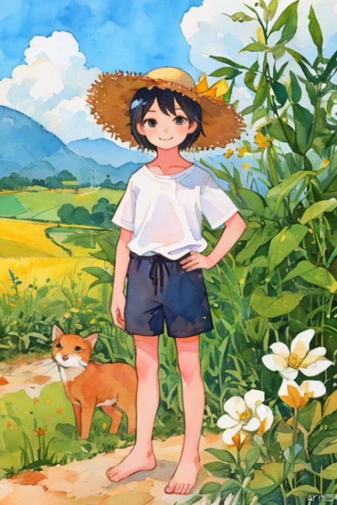  A child, about five or six years old, wearing a worn straw hat, a simple white short-sleeved shirt and shorts, standing barefoot next to a small house made of straw and bamboo. His face is filled with an innocent smile, his hands on his hips as if admiring his own little world. Surrounded by green rice fields, in the distance are rolling hills. High Detail, CGArt Illustrator, watercolor