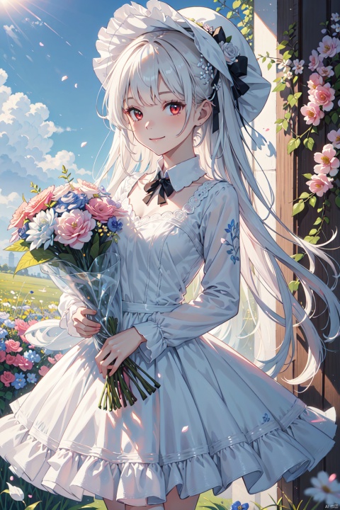  masterpiece, best quality, 1girl, solo, long_hair, looking_at_viewer, white hair, red eyes, smile, bangs, skirt, shirt, long_sleeves, hat, dress, bow, holding, closed_mouth, flower, frills, hair_flower, petals, bouquet, holding_flower, center_frills, bonnet, holding_bouquet, flower field, flower field, colorful, vivid color, blue sky, lens flare, depth of field, dutch angle, Light master, Purity Portait, Gauze Skirt, hologram girl, CGArt Illustrator