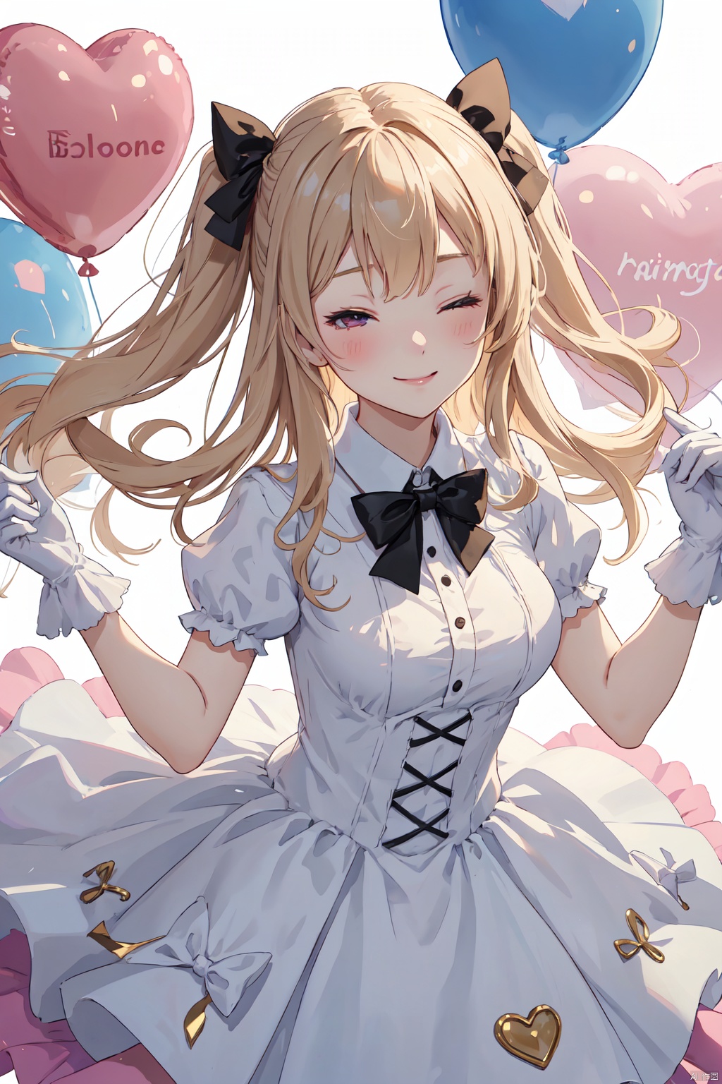  1girl, solo, long hair, looking at viewer, blush, smile, bangs, blonde hair, gloves, white background, dress, bow, holding, very long hair, closed mouth, short sleeves, hair bow, heart, one eye closed, puffy sleeves, white gloves, two side up, puffy short sleeves, hands up, black bow, pink bow, pink dress, ;\), balloon, holding balloon, heart balloon, masterpiece