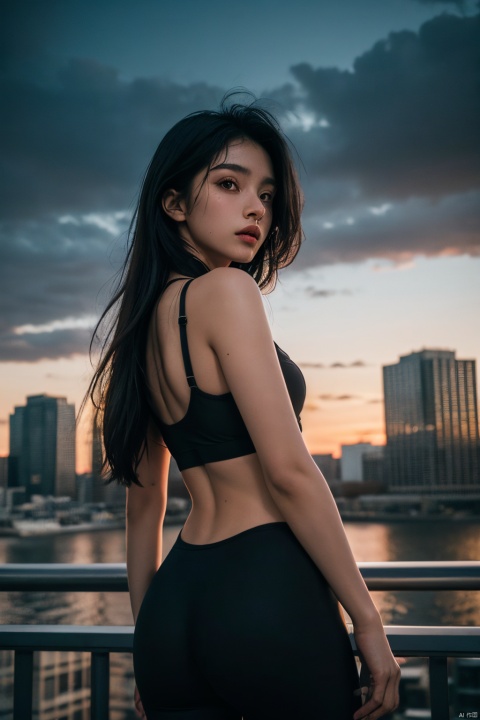 NSFW,Frontal photography,Look front,evening,dark clouds,the setting sun,On the city rooftop,A 20 year old female,Black top,Black Leggings,black hair,long hair, dark theme, muted tones, pastel colors, high contrast, (natural skin texture, A dim light, high clarity) ((sky background))((Facial highlights)),,