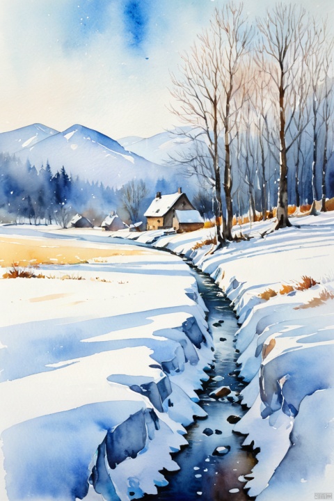  last snow, exhale white breath, goodbye for a while, watercolor painting illustration, traditional media, impressionism, rating:safe 4k, best quality, masterpiece