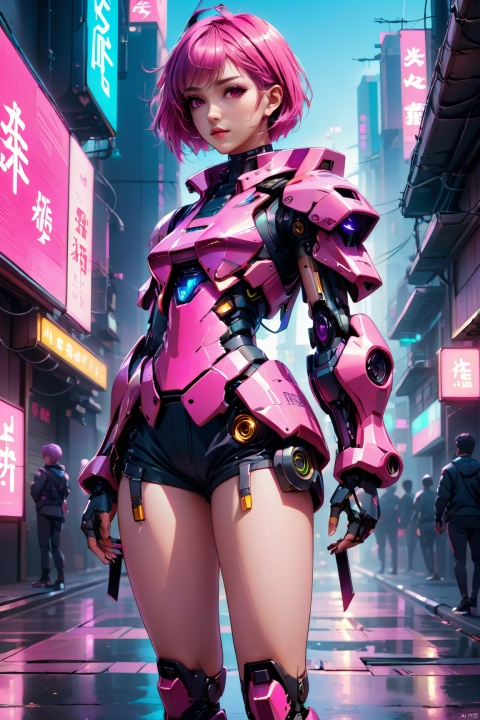  anime artwork of a girl\(cyberpunk, mecha\) ,street, full body, Pink parted short hair, pink eyes, imperious, cyberpunk, dramatic, key visual, vibrant, highly detailed, holographic,look back