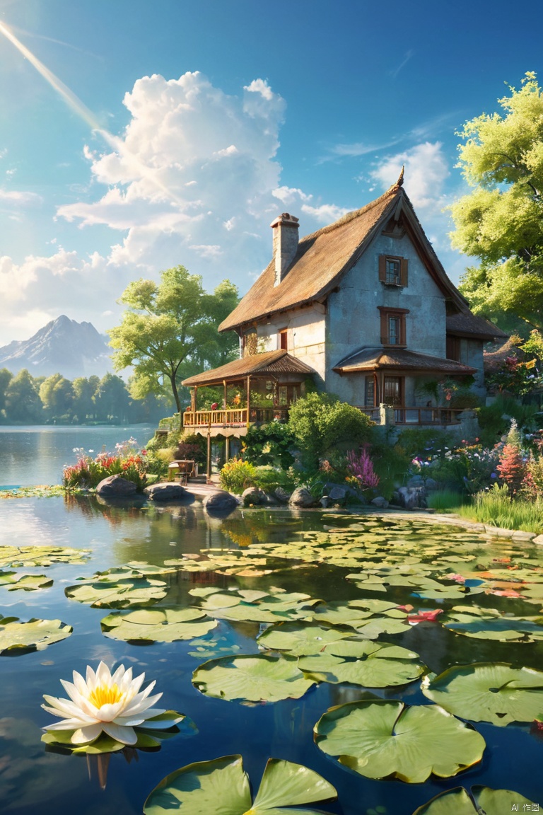 (extremely detailed CG unity 8k wallpaper),(((masterpiece))), (((best quality))), ((ultra-detailed)), (best illustration),(best shadow), ((an extremely delicate and beautiful)),dynamic angle, close-up of a small house by the lake, beautiful sunny summer day, water lilies in the lake blooming, lush plants, sunlight shining through the white clouds, bold colors, fairy tale, fantasy,wind,classic, (detailed light),feather, nature, (sunlight),beautiful and delicate water,(painting),(sketch),(bloom),(shine), high resolution, high contrast ratio, high detail, high texture, texture surreal high quality figure, ultra high quality, golden ratio