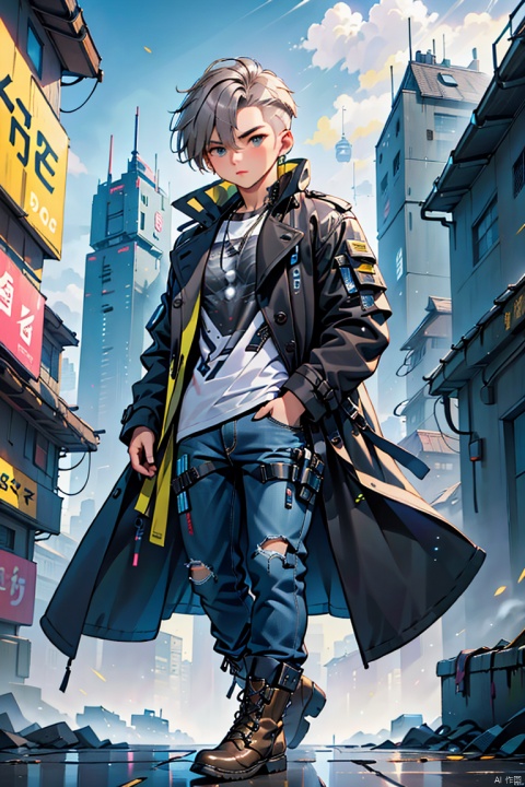  (best quality), ((masterpiece)), (highres), illustration, original, extremely detailed, male focus, 1boy\(cyberpunk, 18 years old\), muscular male, whirte t-shirt, black trench coat, jeans, boots, warming, short silver hair, necklacer, building, cityscape, clothing cutout, (cropped jacket), cyberpunk, from side, dramatic, key visual, vibrant, highly detailed, Zotac aso