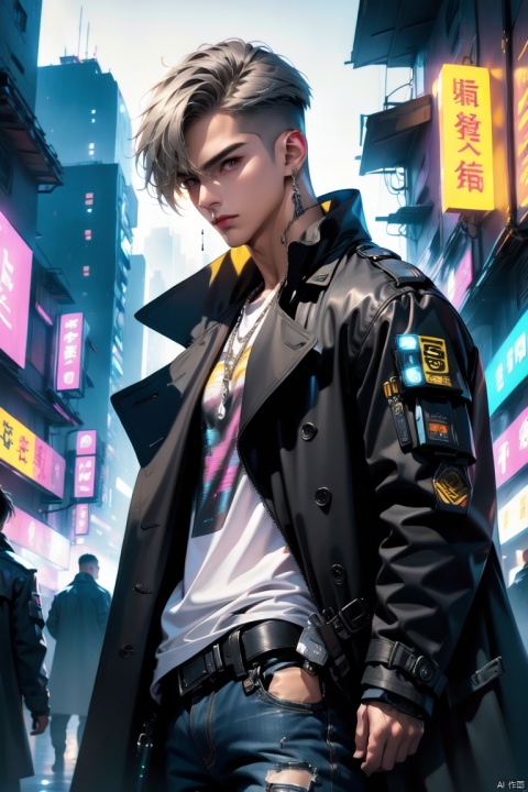  (best quality), ((masterpiece)), (highres), illustration, original, extremely detailed, male focus, 1boy\(cyberpunk, 18 years old\), muscular male, whirte t-shirt, black trench coat, jeans, boots, warming, short silver hair, necklacer, building, cityscape, clothing cutout, (cropped jacket), cyberpunk, from side, dramatic, key visual, vibrant, highly detailed, Zotac aso