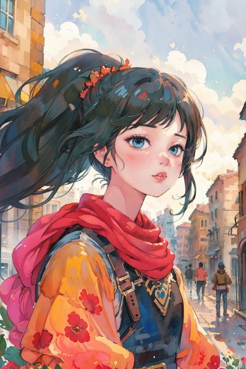  8k wallpaper of a beautiful anime adventurer girl in the streets of a city in the Western Sahara, by artgerm, intricate detail, trending on artstation, 8k, fluid motion, stunning shading, mdong, CGArt Illustrator, watercolor