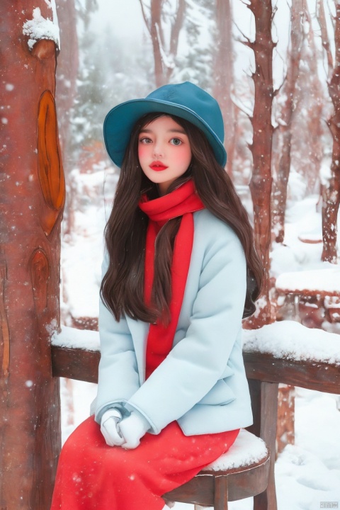The image features a young girl sitting on a stool in a snowy forest. She is wearing a red hat and scarf, and her long black hair is blowing in the wind. She appears to be deep in thought, possibly contemplating the beauty of the snowy landscape around her.

The girl's outfit is warm and cozy, consisting of a red hat and scarf, with a blue coat to keep her protected from the cold. The colors in the image are muted and earthy, with shades of red, blue, and brown dominating the scene.

The quality of the image is excellent, with sharp details and a soft focus that adds to the overall ambiance. The snow on the ground is pristine and white, creating a serene and peaceful atmosphere.

From a technical standpoint, the image is well-composed and well-lit, with the girl sitting in the center of the frame and the snow-covered trees in the background providing a pleasing contrast. The use of natural light and soft shadows adds to the overall aesthetic of the image.
In terms of style, the image can be described as minimalist and moody, with a focus on the girl and the natural surroundings. The lack of distractions allows the viewer to fully appreciate the beauty of the scene.
Overall, this is an excellent image that showcases the photographer's skill in capturing the essence of a moment and creating a sense of atmosphere.