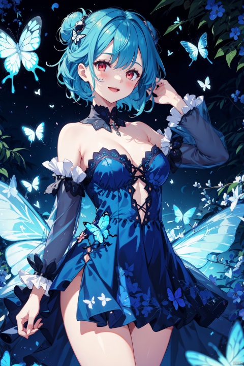  1girl, uruha_rushia, solo, hair_bun, double_bun, dress, virtual_youtuber, butterfly_print, butterfly, blue_dress, bug, animal_print, short_dress, green_hair, detached_sleeves, open_mouth, blue_butterfly, looking_at_viewer, blush, frilled_dress, smile, wide_sleeves, short_hair, hair_ornament, frills, red_eyes, skull_hair_ornament, bangs, from_below, glowing_butterfly, long_sleeves, multicolored_hair, blue_hair, breasts, cowboy_shot, thighs, blue_sleeves, brooch, gradient_hair, strapless, cleavage_cutout, small_breasts, flat_chest