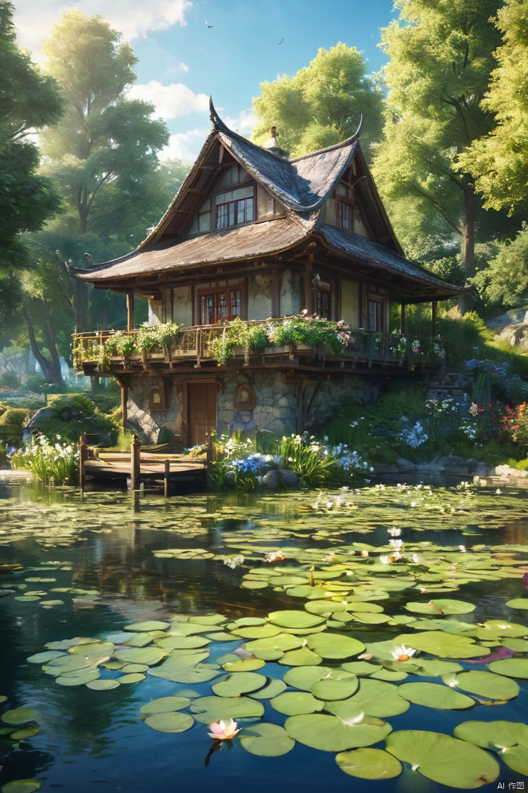 (extremely detailed CG unity 8k wallpaper),(((masterpiece))), (((best quality))), ((ultra-detailed)), (best illustration),(best shadow), ((an extremely delicate and beautiful)),dynamic angle, close-up of a small house by the lake, beautiful sunny summer day, water lilies in the lake blooming, lush plants, sunlight shining through the white clouds, bold colors, fairy tale, fantasy,wind,classic, (detailed light),feather, nature, (sunlight),beautiful and delicate water,(painting),(sketch),(bloom),(shine), high resolution, high contrast ratio, high detail, high texture, texture surreal high quality figure, ultra high quality, golden ratio