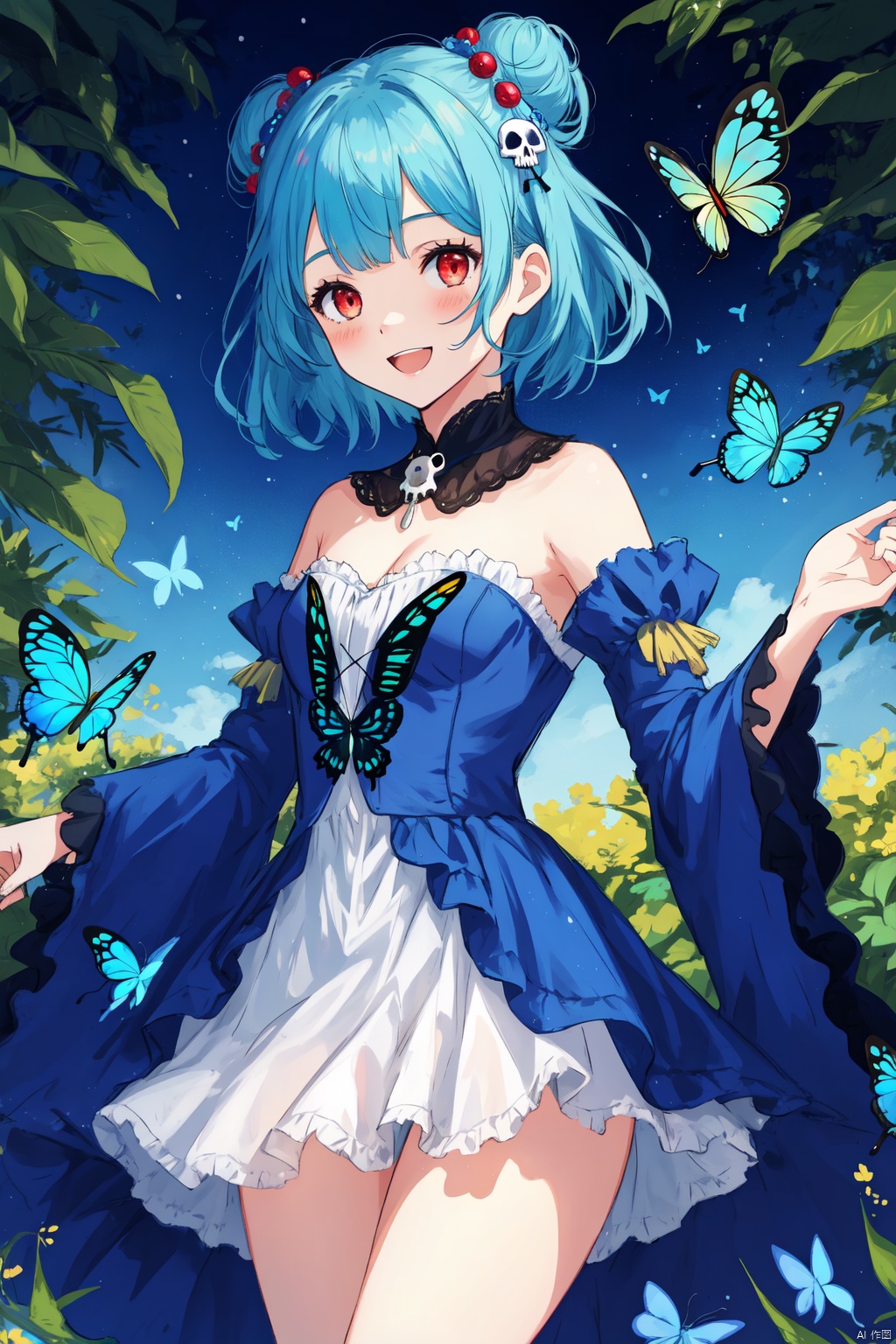  1girl, uruha_rushia, solo, hair_bun, double_bun, dress, virtual_youtuber, butterfly_print, butterfly, blue_dress, bug, animal_print, short_dress, green_hair, detached_sleeves, open_mouth, blue_butterfly, looking_at_viewer, blush, frilled_dress, smile, wide_sleeves, short_hair, hair_ornament, frills, red_eyes, skull_hair_ornament, bangs, from_below, glowing_butterfly, long_sleeves, multicolored_hair, blue_hair, breasts, cowboy_shot, thighs, blue_sleeves, brooch, gradient_hair, strapless, cleavage_cutout, small_breasts, flat_chest