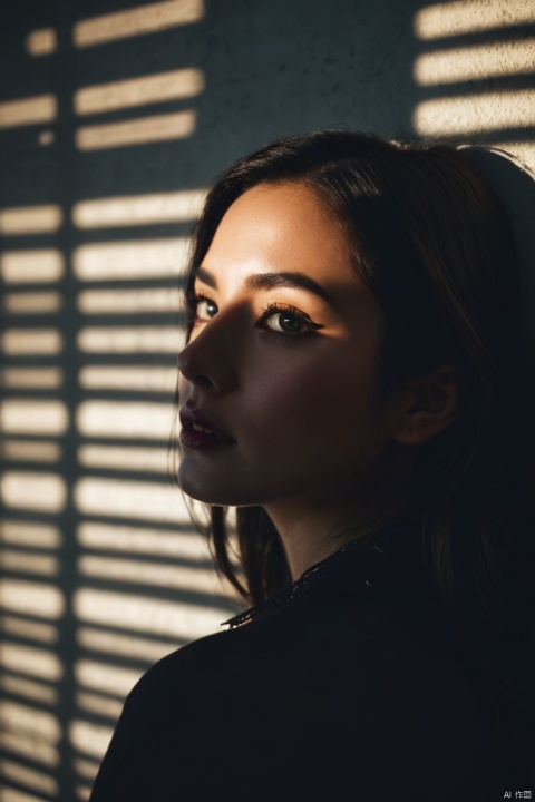 cinematic film still of  
a woman with a shadow on her face casting shadow style cucoloris patterned illumination, shallow depth of field, vignette, highly detailed, high budget, bokeh, cinemascope, moody, epic, gorgeous, film grain, grainy