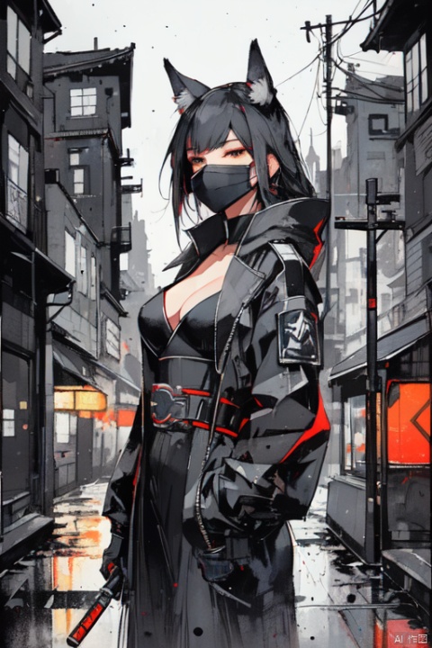  cyberpunk cityscape, a girl dressed in an elegant black suit, who has the( mask of a kitsunes blak_red:1.4), holding a baseball bat on his shoulder, with black leather gloves, 8k quality, in a medium shot on a background of a night city. digital art and illustration by greg rutkowski, trending pixiv, award winning cinematic dramatic lighting closeup portrait studio photography hyperrealistic very detailed 4K HDR volumetric lightrays octane render ultra, greyscale, , neon lights, dark alleys, skyscrapers, futuristic, vibrant colors, high contrast, highly detailed,tamamo (fate),fox girl,medium breasts,(cowboy shot),(nsfw:0.9)