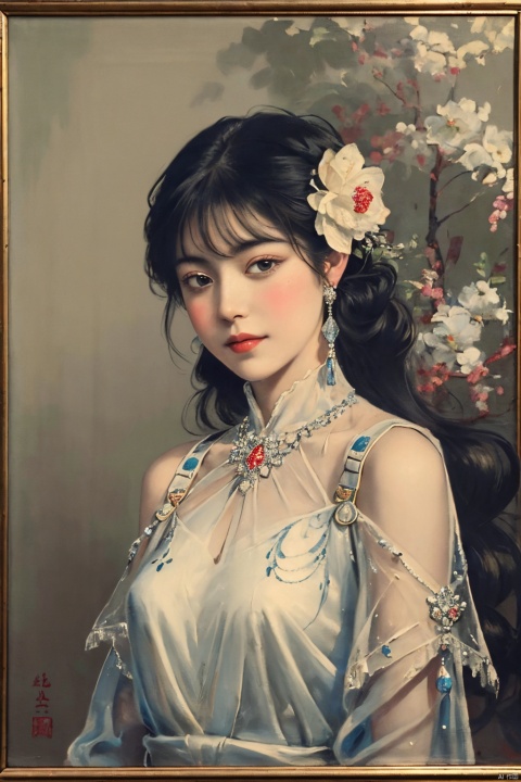 Portrait painting in an impressionist style,capturing a woman's upper body. She is depicted wearing a flowing,light-colored gown with shoulder straps that gently cascade down. The painting should exhibit the rich textures and layered brushwork characteristic of oil on canvas. The woman's adornments include delicate,flower-shaped earrings and elongated,ornate tassels,lending an air of elegance and sophistication. Her expression is serene,with a soft,thoughtful gaze directed away from the viewer,evoking a sense of introspection. Her hairstyle is uncomplicated yet graceful,complementing the overall softness of the painting. The background is a blend of muted,harmonious tones,emphasizing the figure in a classic portrait composition, ROC Charm