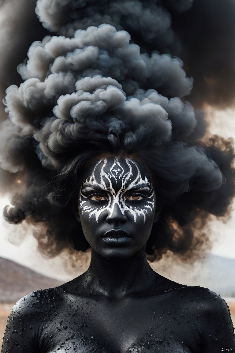 Double-masking photography, an angry goddess formed from the smoke of a 2005 dodge ram slt cummins pickup truck, goddess Earth crying, from the smoke exits a 2005 dodge ram slt cummins pickup truck , black smoke, fire, acid rain, by Dan Mountford, by Dan Hillier, negative space, intricate details, photo illustration, 100 mm lens, cinematic scenes, ink art