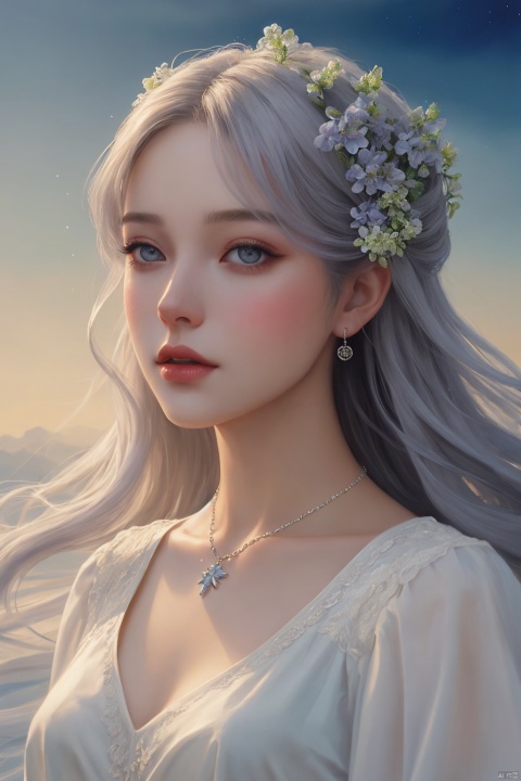  oil painting,detailed painting inspired by Charlie Bowater, white silver painting, 1girl, blooming exquisite necklace, her face is a lilac flower, dreamland, watercolor, Sky Fantasy