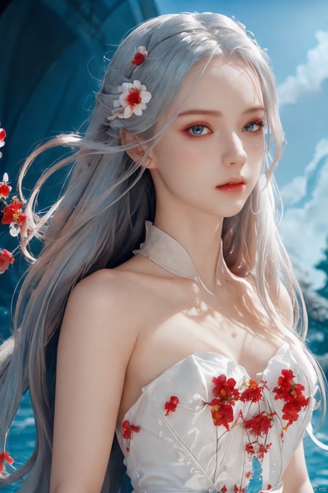  1girl, red eyes, white long translucent night gown, expressionless, (white hair), hair cover one eye, long hair, red hair flower, kneeling on lake, Close-up of upper body,(plenty of red petals:1.35), (sky blue background:1.5), (English text),,Real photos,,Side lightfight,, anatomically correct, ((Tyndall effect)), Strong contrast, Flooding, Facial light and shadow details, Surrealism, ray tracing, cinematic lighting, Surrealism, chiaroscuro, from below, 8k, super detail, high quality, award winning, best quality, retina, UHD, highres, super detail, Textured skin, masterpiece, 16k,sfw


 Highest picture quality, masterpiece, exquisite CG, exquisite and complicated hair accessories, big watery eyes, highlights, natural light, Super realistic, cinematic lighting texture, absolutely beautiful, 3D max, vray, c4d, ue5, corona rendering, redshift, octane rendering, （Show whole body）, （all body）, 1 girl, chang