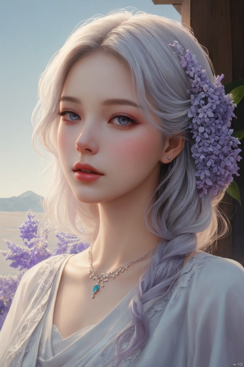  oil painting,detailed painting inspired by Charlie Bowater, white silver painting, 1girl, blooming exquisite necklace, her face is a lilac flower, watercolor, Sky Fantasy