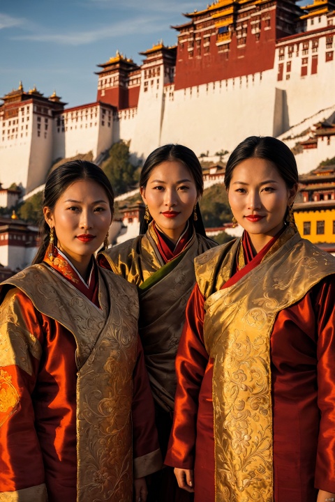 Tibetan women in traditional attire, vibrant silk brocade and intricate embroidery adorning their robes, pose against the majestic backdrop of Potala Palace's crimson walls. Soft golden light illuminates their serene faces as they gaze out at the surrounding Himalayan landscape.