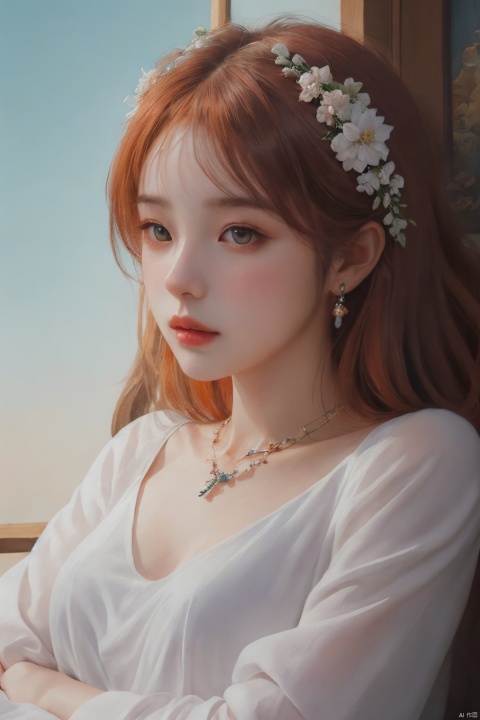  oil painting of a woman (hugan an orange cat), lying, detailed painting inspired by Charlie Bowater, blooming exquisite necklace, 4 k detailed fantasy, white silver painting, her face is a lilac flower, dreamland, watercolor, Sky Fantasy, Light master