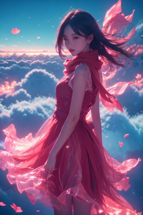  1girl, red dress, (scarf), wind, petal, 1 girl, purdress