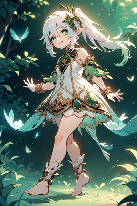 （masterpiece, best quality, best shadow,official art, unity 8k wallpaper, correct body proportions）,
(1 girl),nahida \(genshin impact\),((white hair,multicolored hair)), side ponytail,hair ornament,green eyes,symbol-shaped pupils,pointy ears, jewelry, detached sleeves,bracelet, ,(white dress), 
 ((full body)),(bare legs , bare_feet) ,
beautiful detailed eyes, eyelid pull , aqua eyes, 
((Forest background)),(Smile at the perspective),(((Best hand details, best foot details))), 
nijistyle,Metal_wing,1 girl